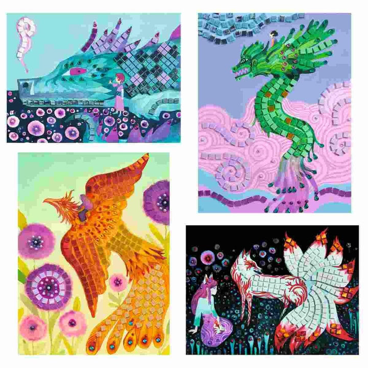 Djeco Mosaik Bastelset Fabelwesen für Kinder ab 6 Jahren | Kreatives DIY Set mit Glitzersteinen, Mos