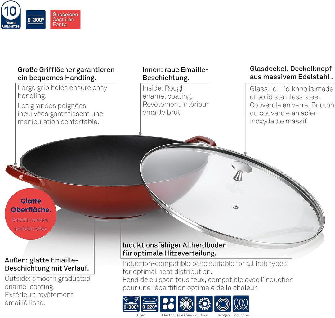 Kela Wok Calido Gusseisen rot 10cm 36cmØ 4l, 36 cm, Rot