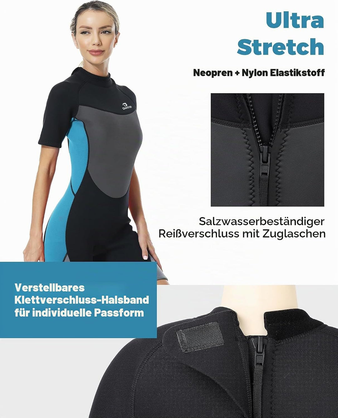 Owntop Neoprenanzug kurz Herren &amp; Damen, 3/2 mm Neopren Wetsuit für Tauchen, Surfen, Schwimmen und K