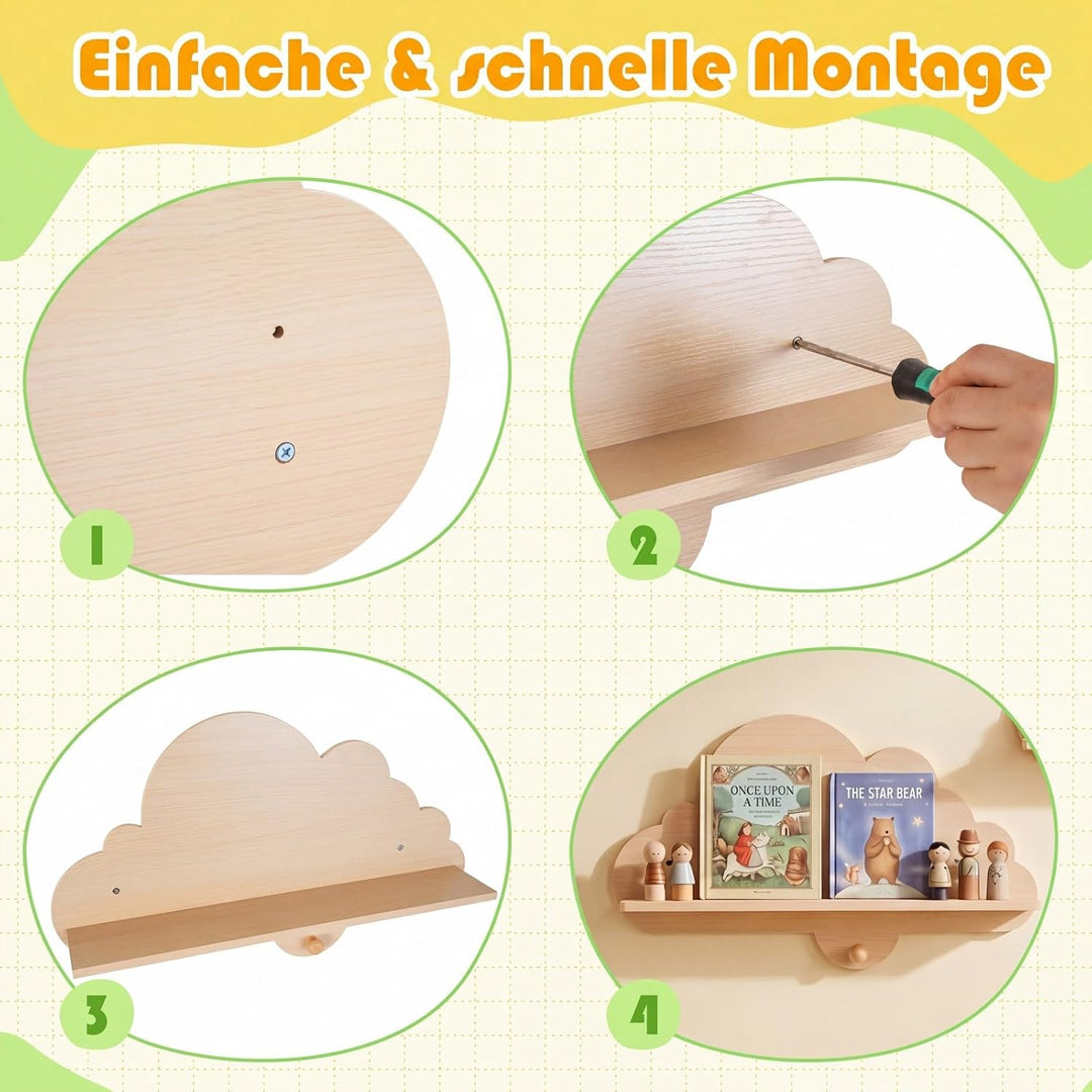 COSTWAY 2er Set Wandregal Kinder, Schweberegal im Wolkenform aus Massivholz, wandmontiertes Kinderre