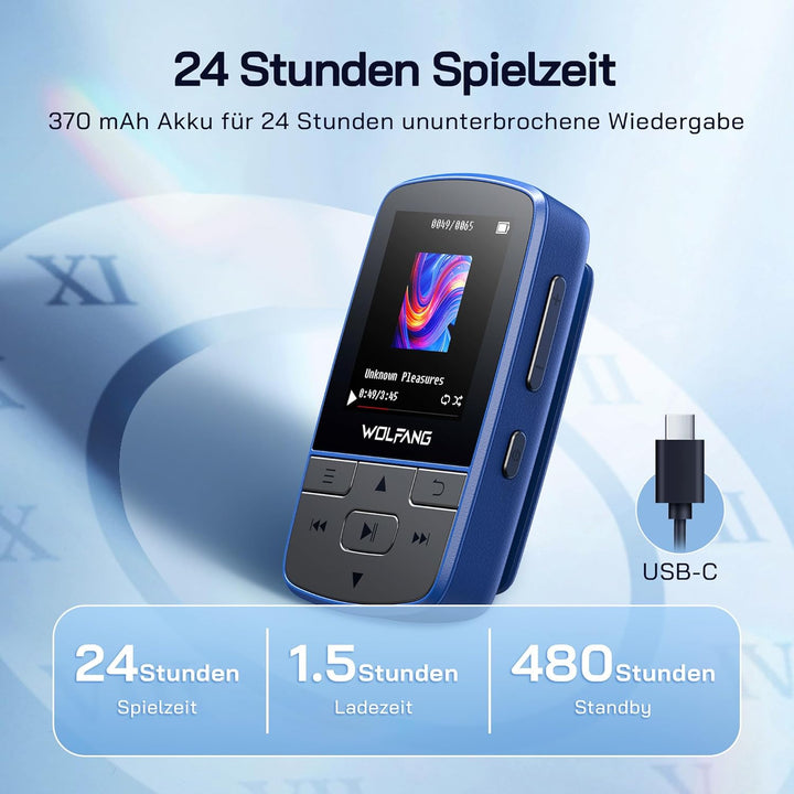 WOLFANG 64 GB MP3-Player mit Bluetooth 5.2, Sportclip, Mini-Grösse, Gewicht 28,3 g, HiFi FM-Radio, D