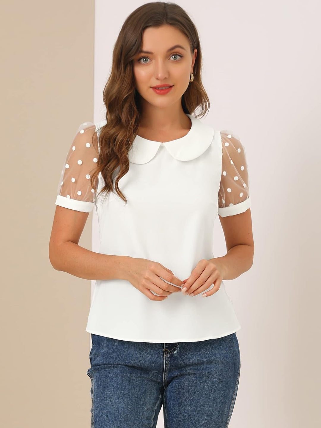 Allegra K Damen Puffärmel Vintage Bubikragen Oberteil Mesh Polka Punkte Top Bluse M Reisweiss, M Rei