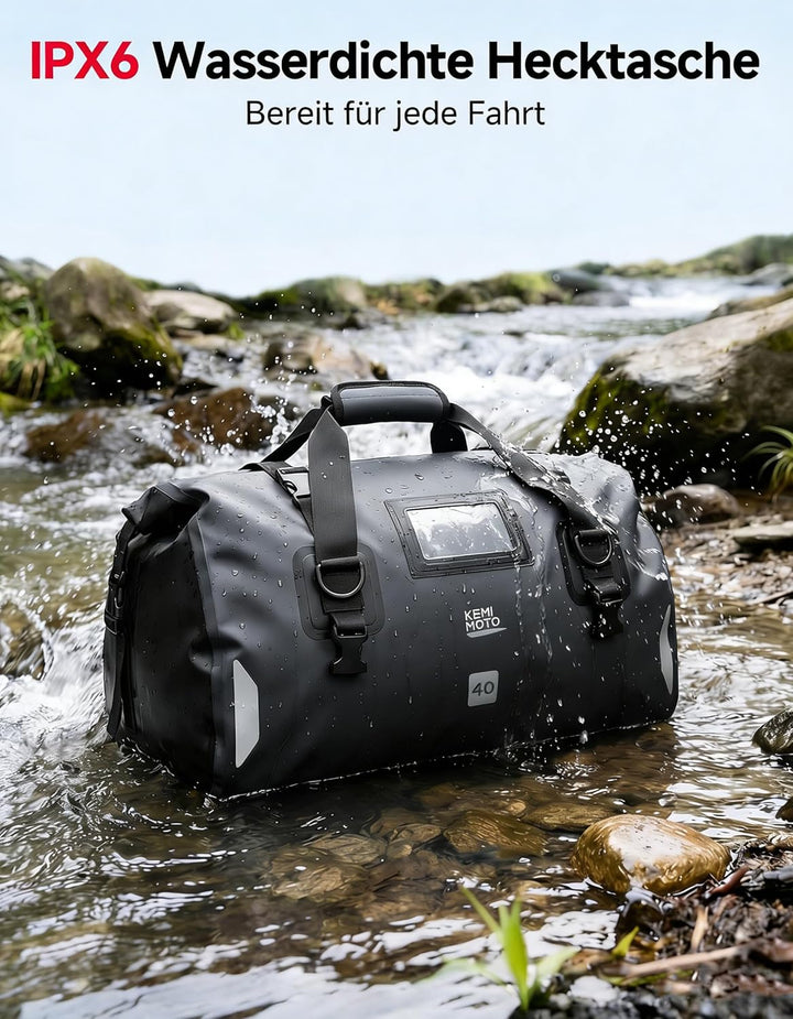 KEMIMOTO Motorrad Hecktasche 40L, IPX6 wasserdichte Motorradtasche Gepäckrolle mit Schnellverschluss