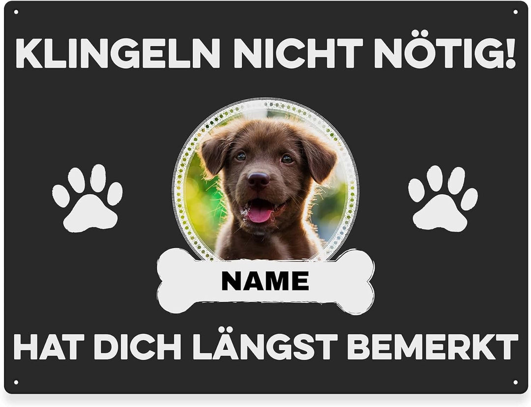 Hunde Schild personalisiert - Klingeln nicht nötig - Metallschild mit Foto und Name für aussen, wett