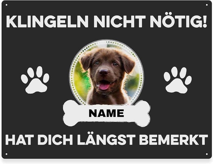 Hunde Schild personalisiert - Klingeln nicht nötig - Metallschild mit Foto und Name für aussen, wett