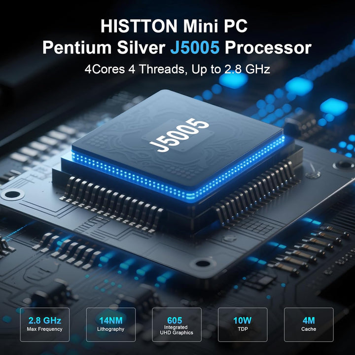 HISTTON Mini PC Lüfterlos Celeron J4125, DDR4 8GB RAM 128GB SSD, Industrie PC mit 2 RS232 COM, Dual