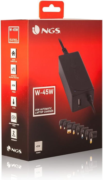 NGS W-45-45W Automatisches Universal Laptop-Ladegerät, Ladegerät mit 5V-2A USB Ausgang und 8 Adapter