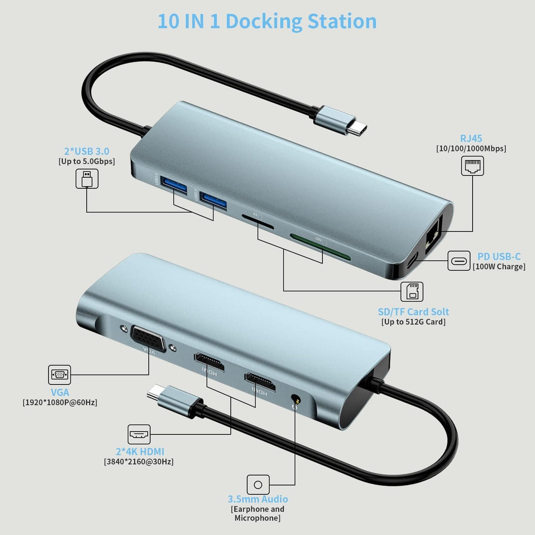 Docking Station, 10-in-1-USB-C-Hub, USB Typ C bis 4K 30 Hz HDMI 1080P VGA, 87 W PD, 2 USB 3.0, SD/TF