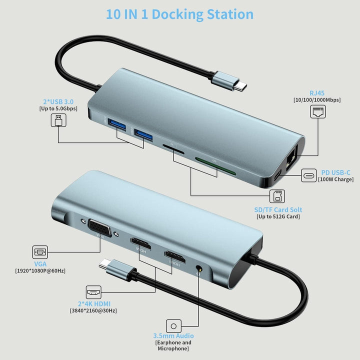 Docking Station, 10-in-1-USB-C-Hub, USB Typ C bis 4K 30 Hz HDMI 1080P VGA, 87 W PD, 2 USB 3.0, SD/TF