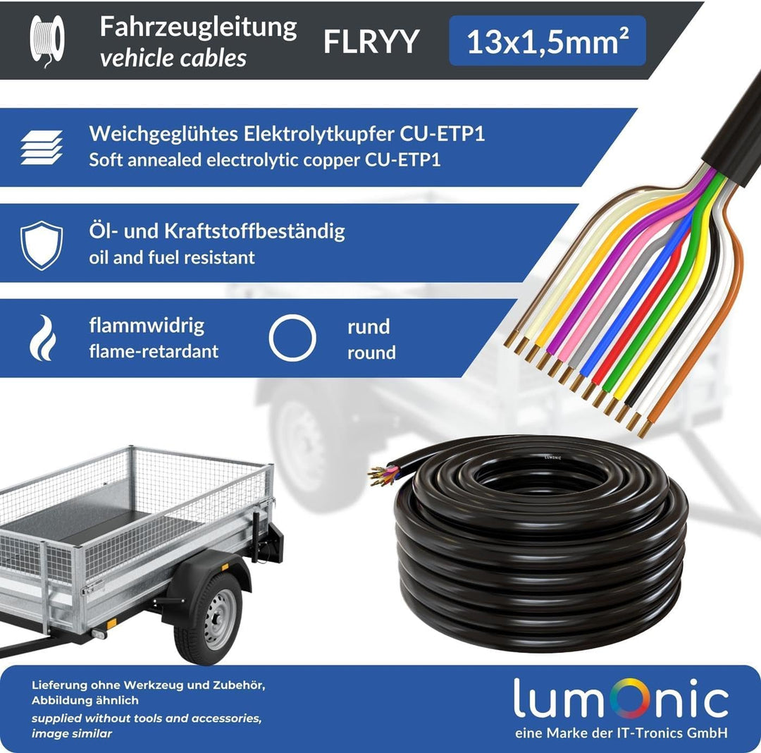 10m Lumonic 1m FLRYY Fahrzeugkabel 13 adrig I Fahrzeugleitung mit Kabelquerschnitt 13x 1,5mm² I Kabe