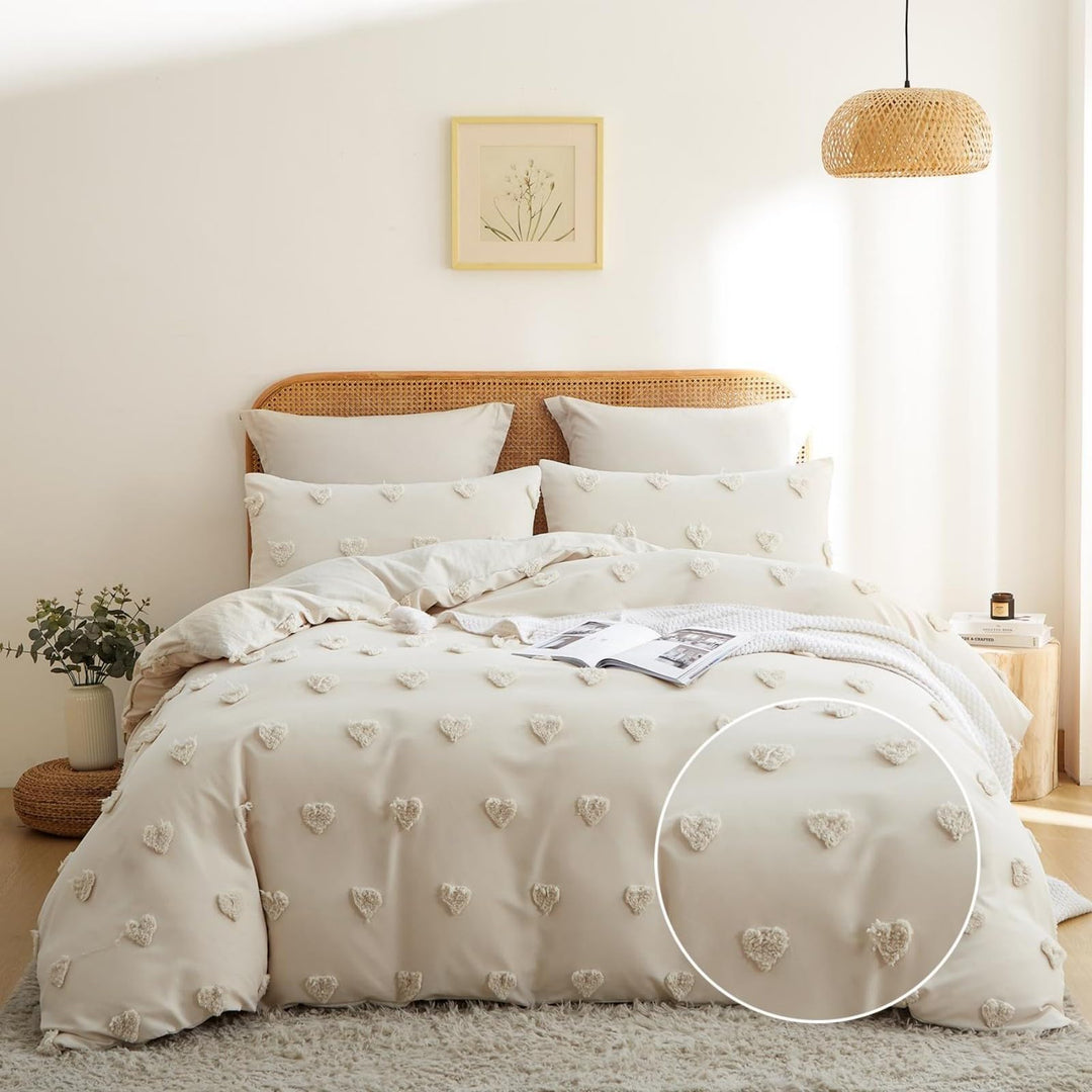 Freyamy Boho Bettwäsche 135x200cm Beige Getuftet Herz Bettwäsche-Sets Stickerei Shabby Chic Bettware