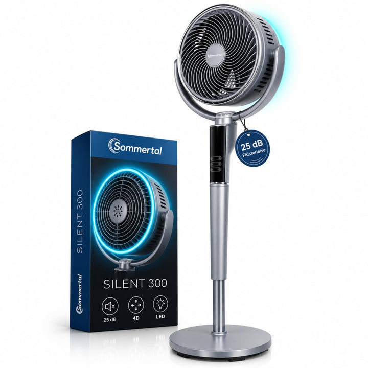 Sommertal SILENT300 Standventilator leise, 4D Volloszillation, LED Ring