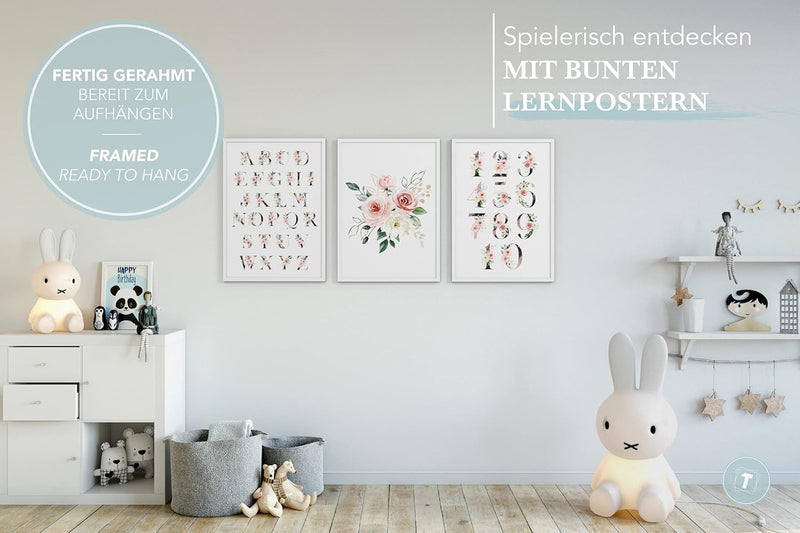 Papierschmiede® Kinderbilder 3er Set Lernposter, A4 gerahmt in Holzrahmen (weiss), Geschenk für Mädc