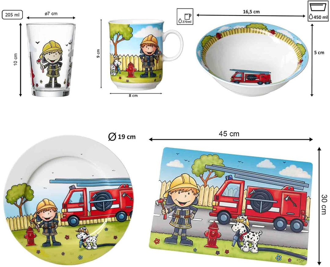 Ritzenhoff & Breker Kinder-Set Feuerwehrmann Bernie 7-teilig, Porzellan-Kindergeschirr mit Schale Be