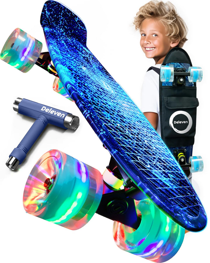 Deleven Skateboard mit Tragetasche, LED Rollen, Skate Tool und ABEC 7 Lager - Kinder Erwachsene Anfä