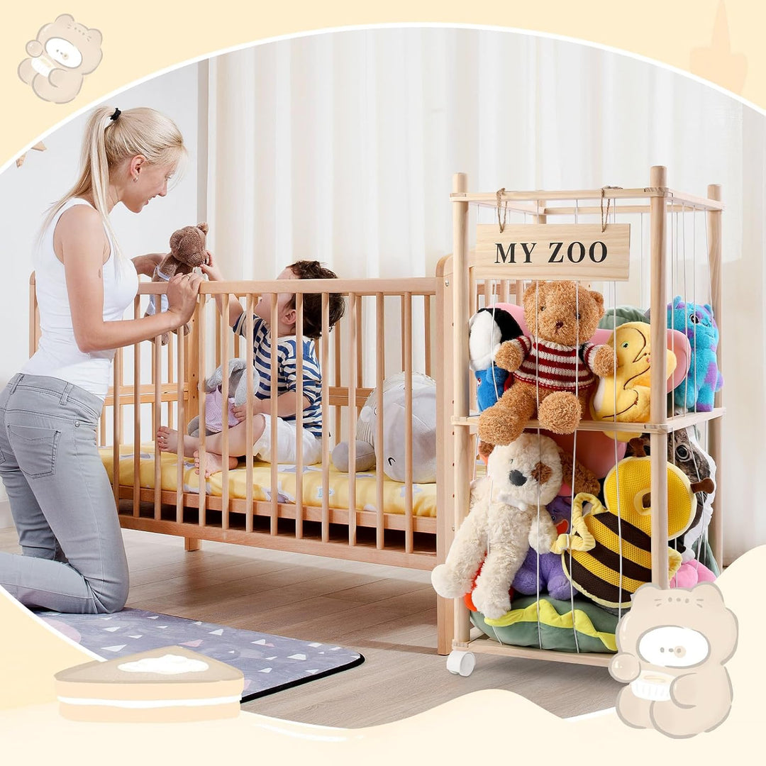 Massivholz Kuscheltier Aufbewahrung mit 360° Rollen & Bremse – inkl. Baumwollnetz, Plüschtier Organi