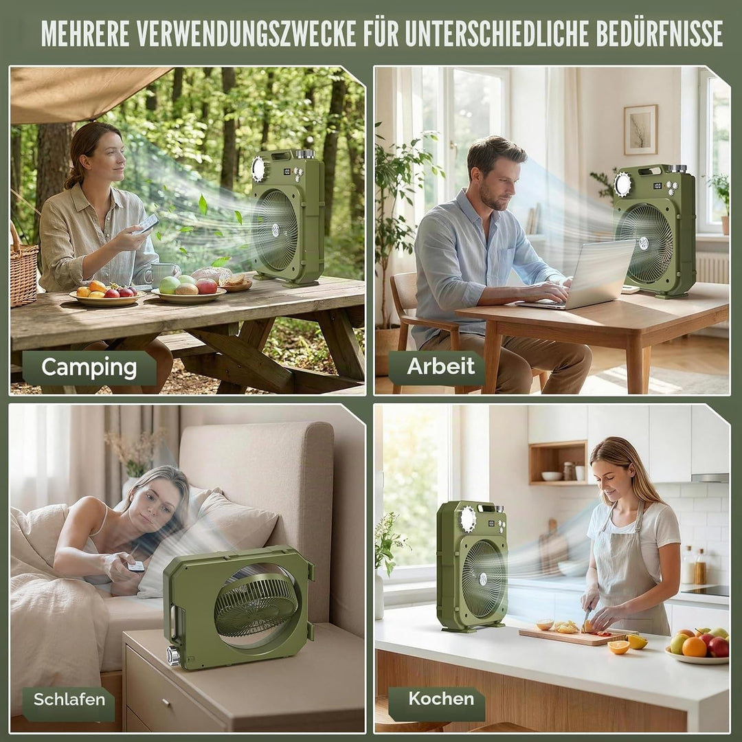Tragbarer Camping Ventilator mit LED-Licht/SOS, Leiser Akku Tischventilator, Kabellos 5400mAh, 100 G