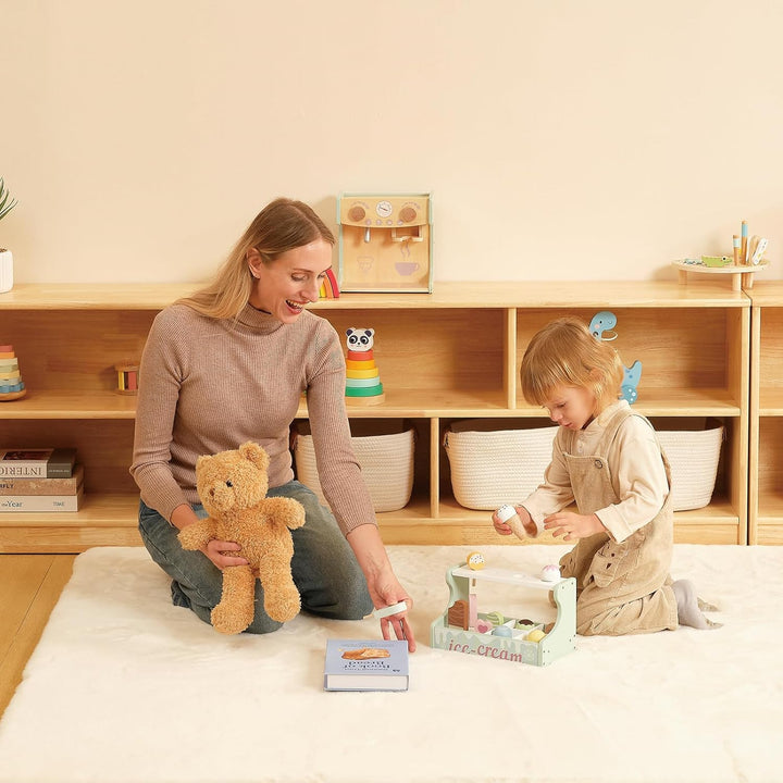 OOOK Gummiholz Kinderregal Spielzeugschrank, Bücherregal mit 2 grossen Fächern und 3 kleinen Fächern