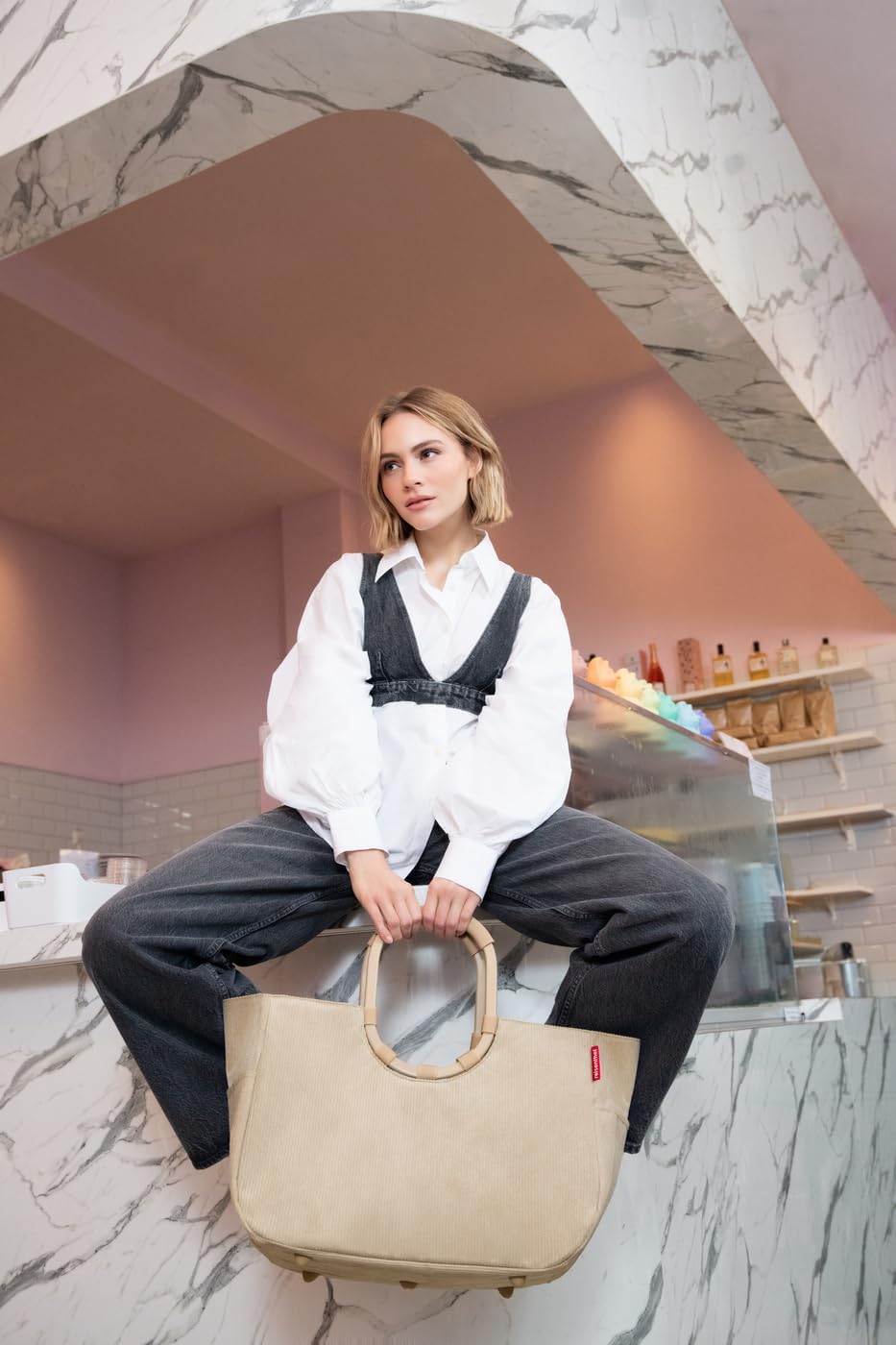 reisenthel loopshopper L cord sand – Stabile Tasche mit praktischen Fächern aus recycelten PET-Flasc