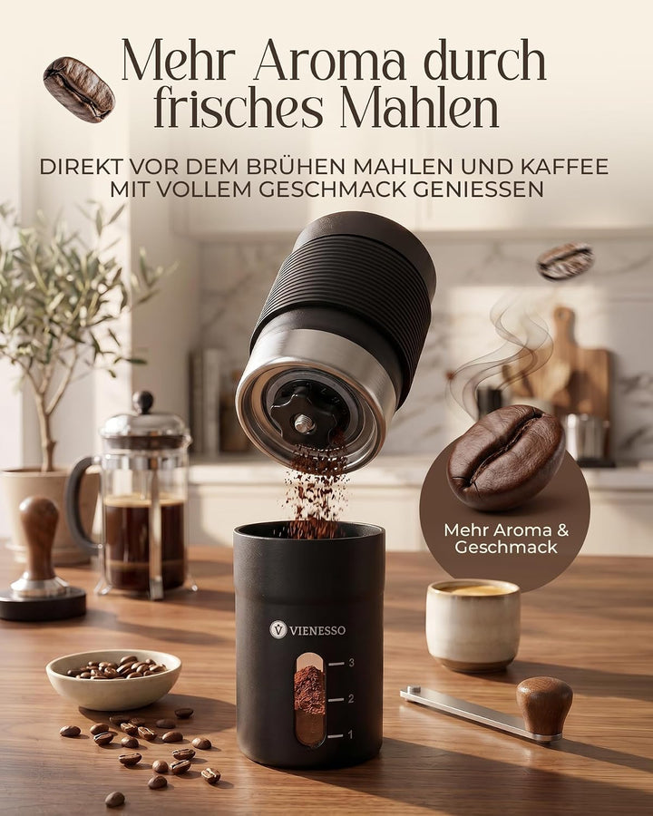 Kaffeemühle Manuell mit Keramikmahlwerk | Kompakte Handkaffeemühle mit stufenloser-Mahlgradeinstellu