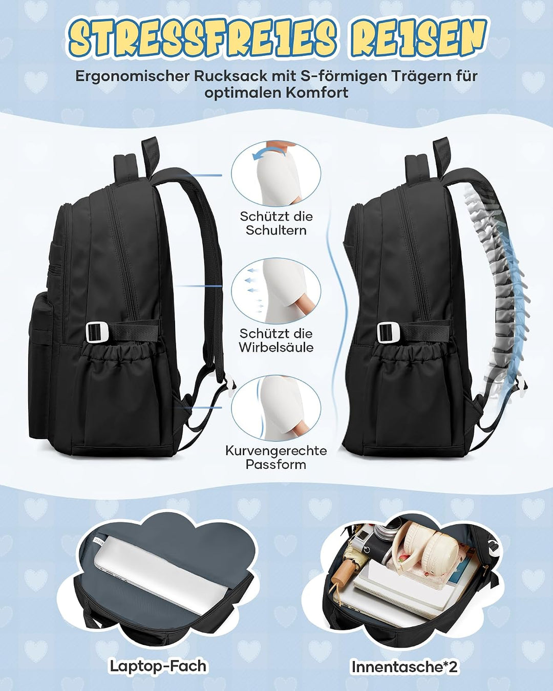 Schulrucksack Teenager für Mädchen &amp; Jungen, Rucksack mit vielen Fächern für Mittel Oberstufe Colleg