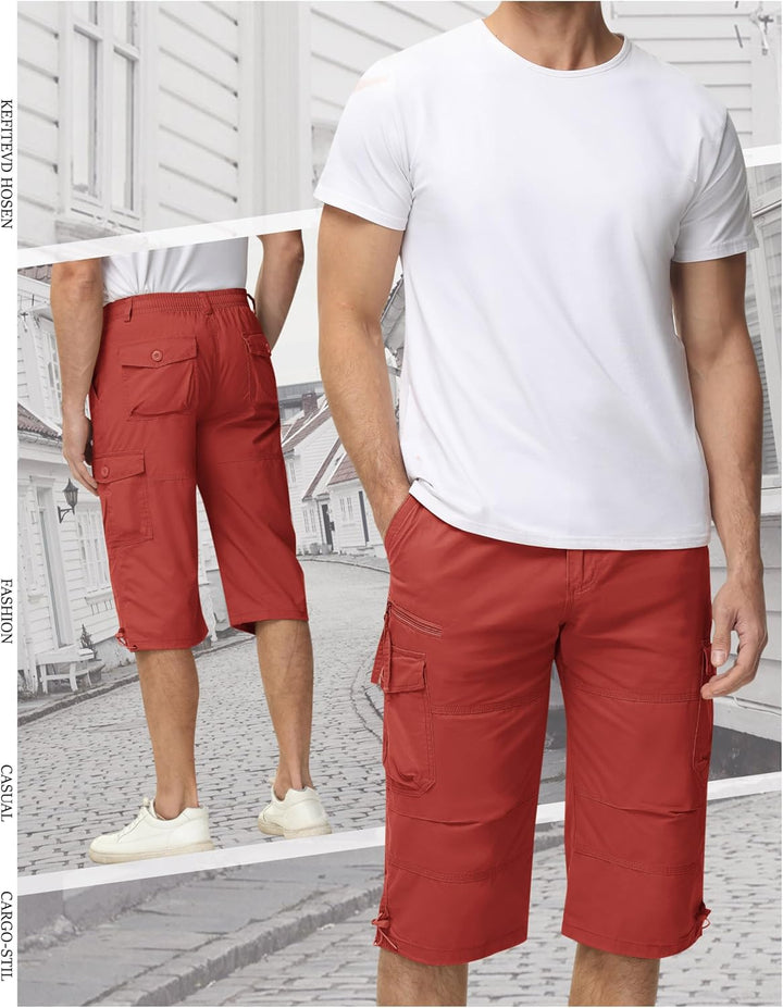 KEFITEVD 3/4 Hose Herren Cargo Shorts Männer Bermuda Shorts Multi Taschen Sommer Kurze Hose Baumwoll