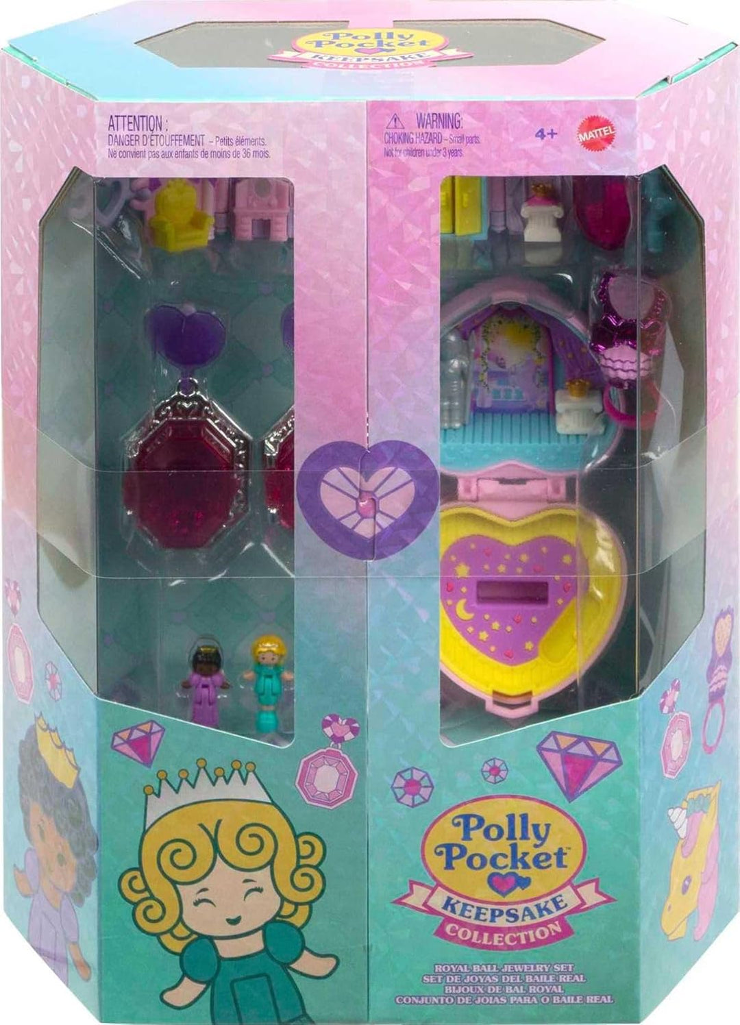 Polly Pocket Keepsake Collection Royal Ball Schmuck-Set, Einhorn-Schloss, 2 Puppen, Ring- und Ringbo