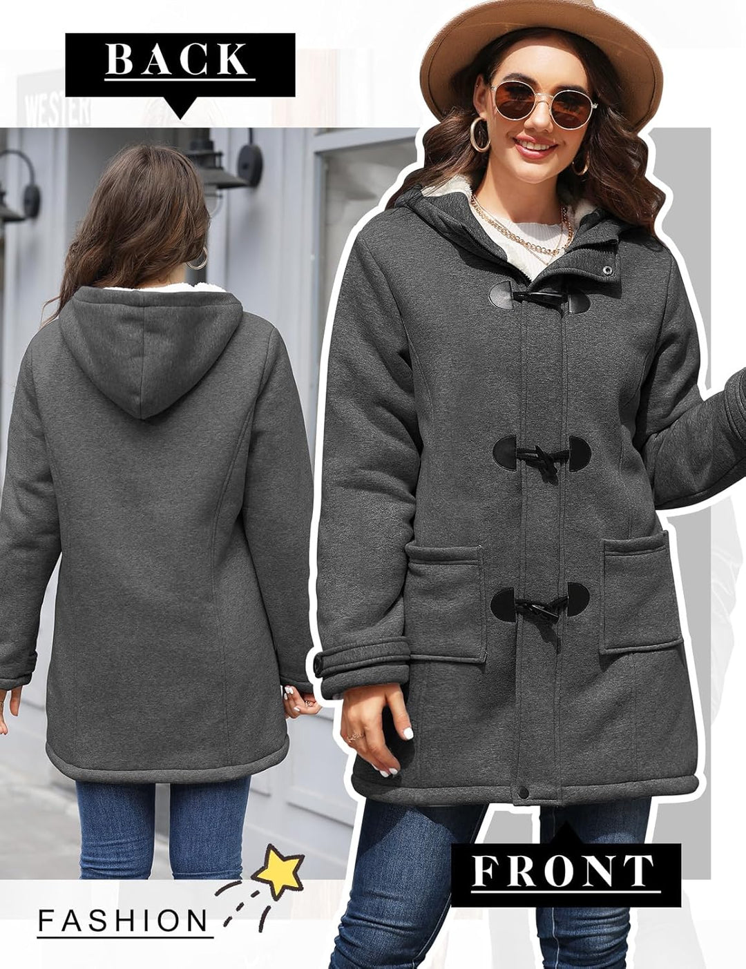 Yuson Girl Winterjacke Damen Fleecejacke Lang Wintermantel Warm Hornknopfjacke Einfarbig Kapuzenpull
