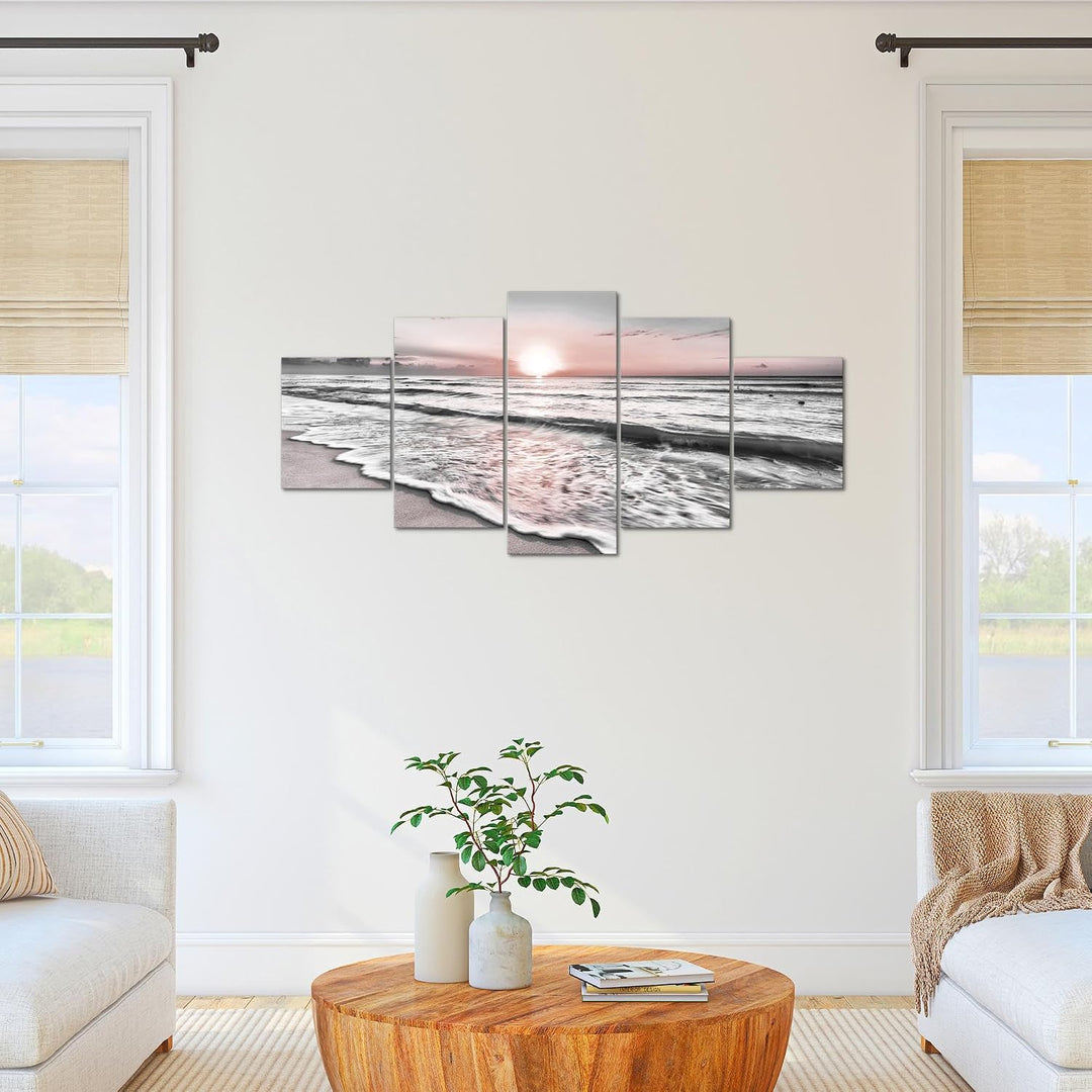 Runa Art Bild Schlafzimmer Wohnzimmer Sonnenuntergang Strand 5 Teilig Landschaft Grau Rosa Wandbilde
