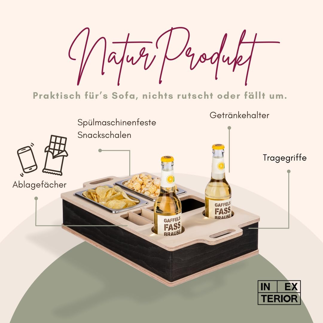 INEXTERIOR CouchBar - PERSONALISIERBAR - handgefertigt in Deutschland - zwei Snackschalen, Organizer