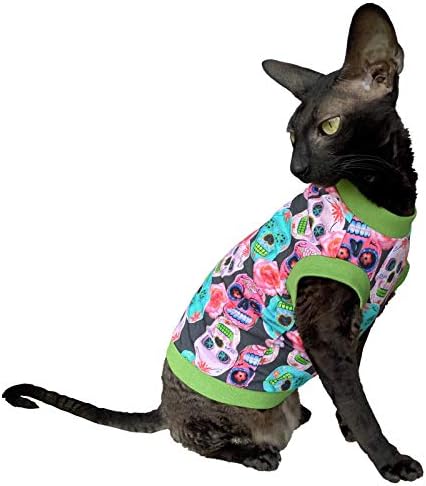 Kotomoda T-Shirt fьr Sphynx-Katzen, haarlos, Baumwolle, Stretch, mexikanische Schдdel, Grцяe S, S