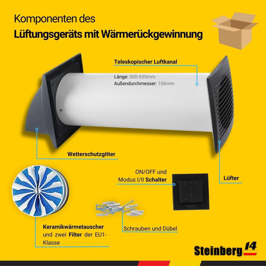 Steinberg14 Ø 100mm Dezentrale Einzelraumlüftungsanlage mit Wärmerückgewinnung 85% - mit Schalter, A