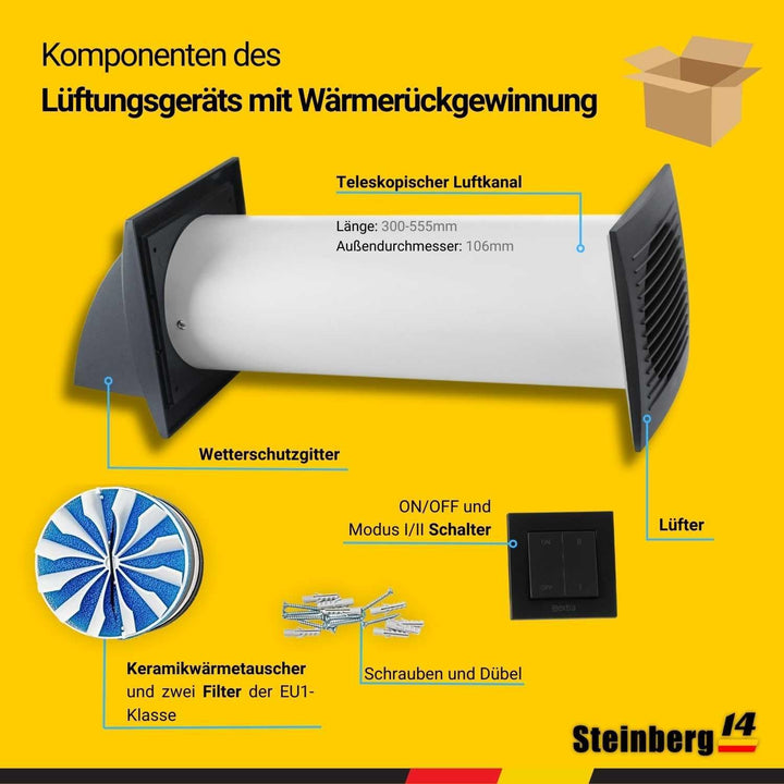 Steinberg14 Ø 100mm Dezentrale Einzelraumlüftungsanlage mit Wärmerückgewinnung 85% - mit Schalter, A