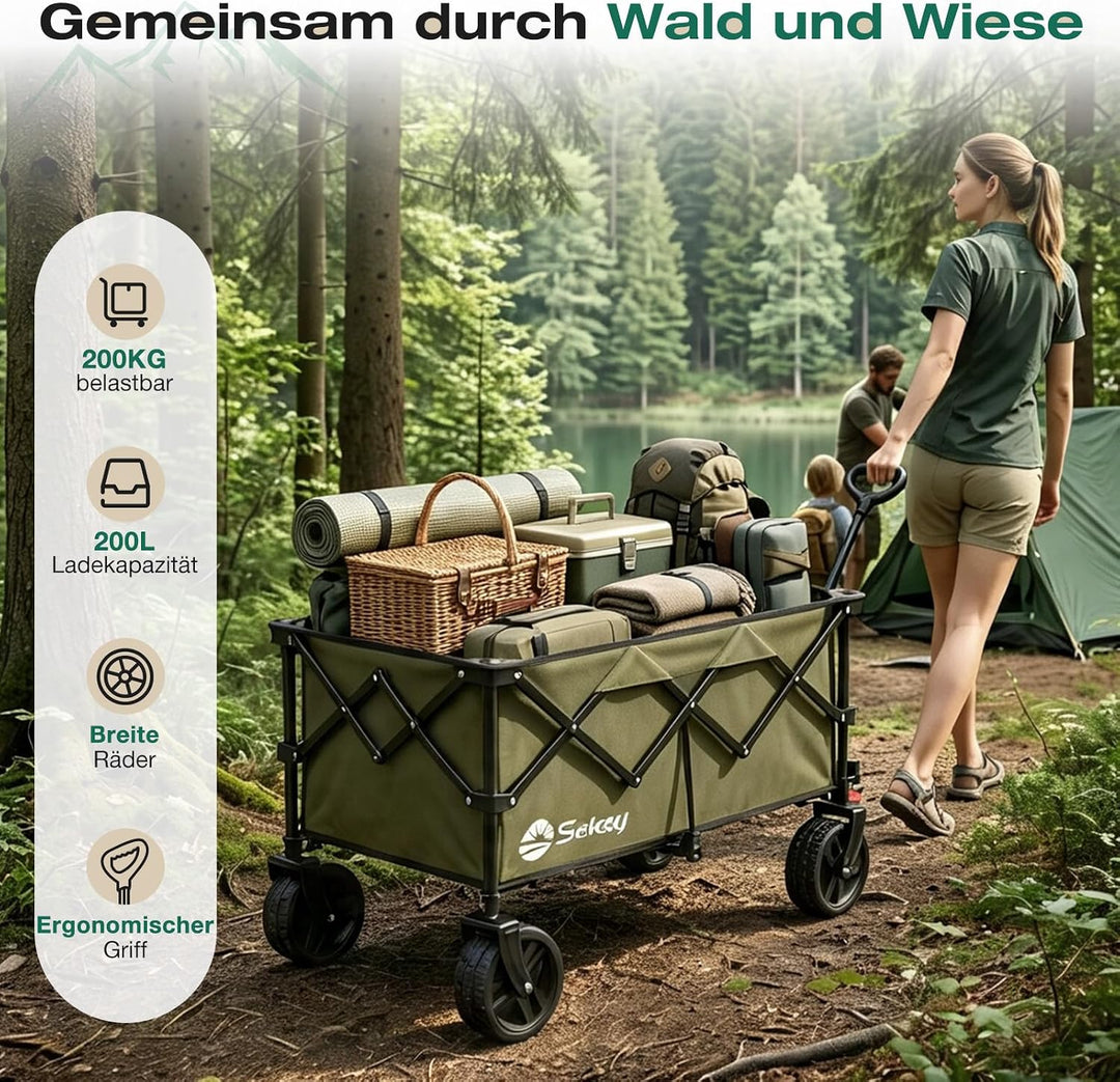 Sekey XXL Plus Bollerwagen Faltbar mit Bremsen 200L 200KG Belastbar, Extra Breite Reifen All Terrain