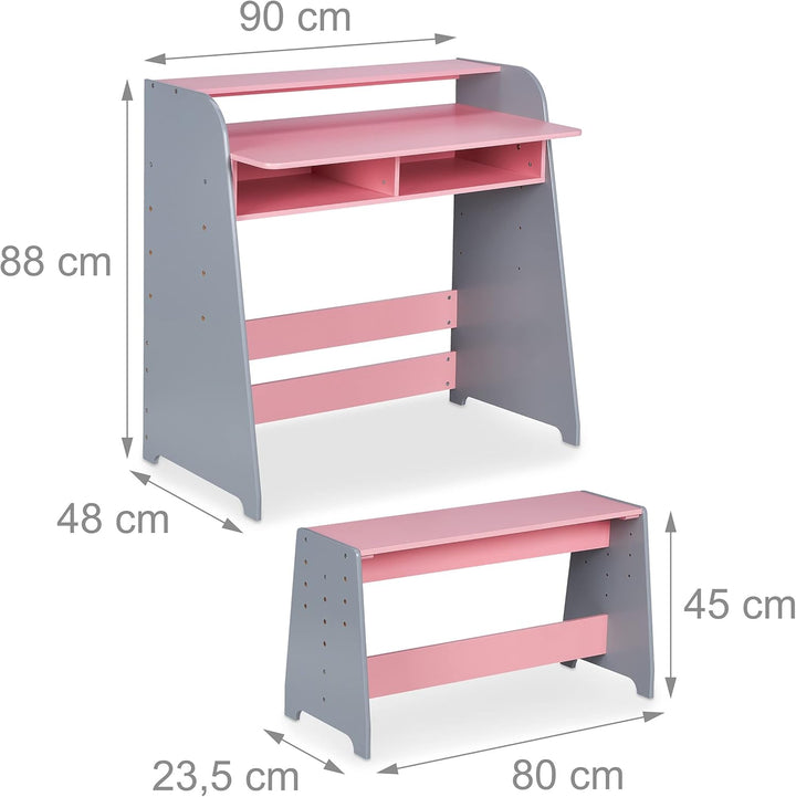 Relaxdays Kindertisch mit Sitzbank, 2 Fächer, höhenverstellbarer Kinderschreibtisch, HxBxT: 88 x 90