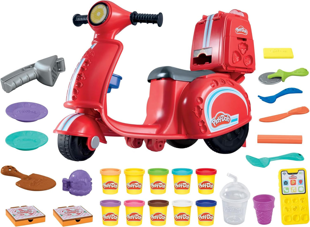 Play-Doh Pizza-Lieferspass, Scooter und Spielküche, 10 Dosen Knetmasse zum Pizza Backen, Bastel-Set