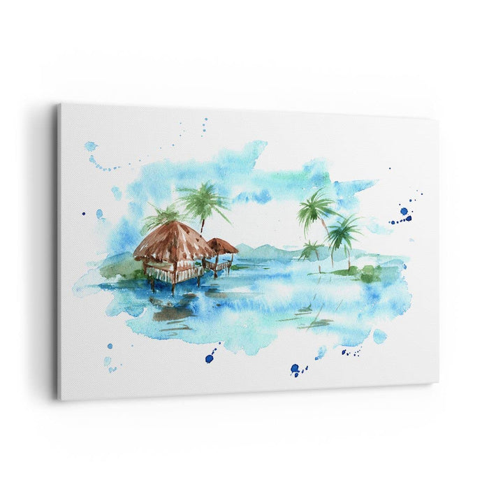 Bilder auf Leinwand 100x70cm Leinwandbild Tropen Wasser Bungalow Ufer Gross Wanddeko Bild Schlafzimm