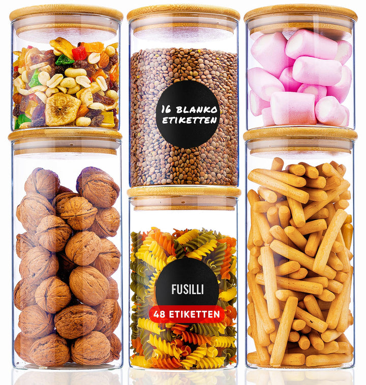 Deco haus® Vorratsgläser mit Deckel luftdicht + Etiketten [6er KOMBI SET] - Für Müsli, Cornflakes, M