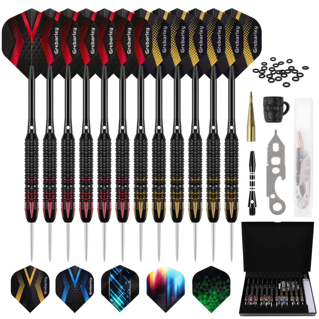 Grebarley Dartpfeile mit Metallspitze,12 Stück Profi Steeldarts 18 Aluminium Schaft mit 9 Flights 20