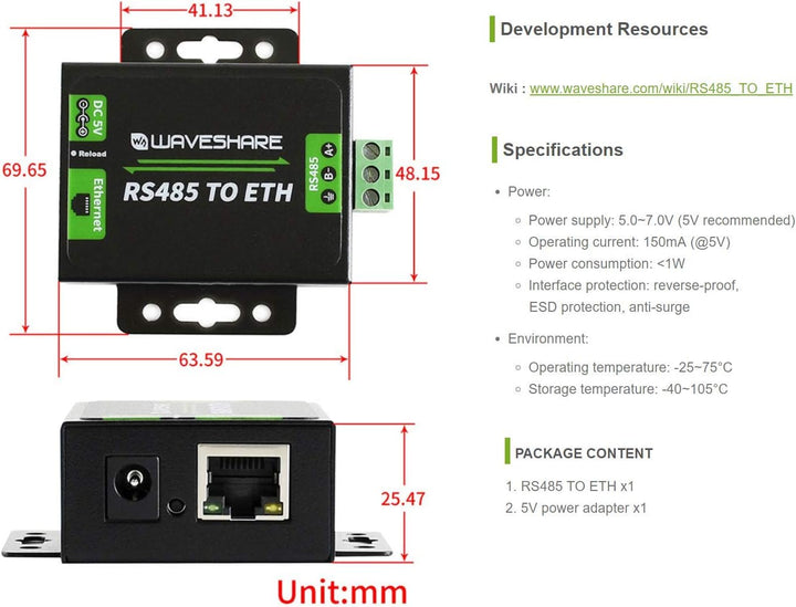 RS485 to Ethernet Converter Module, to Communicate Between RS485 and RJ45 Port Ethernet, Configurabl