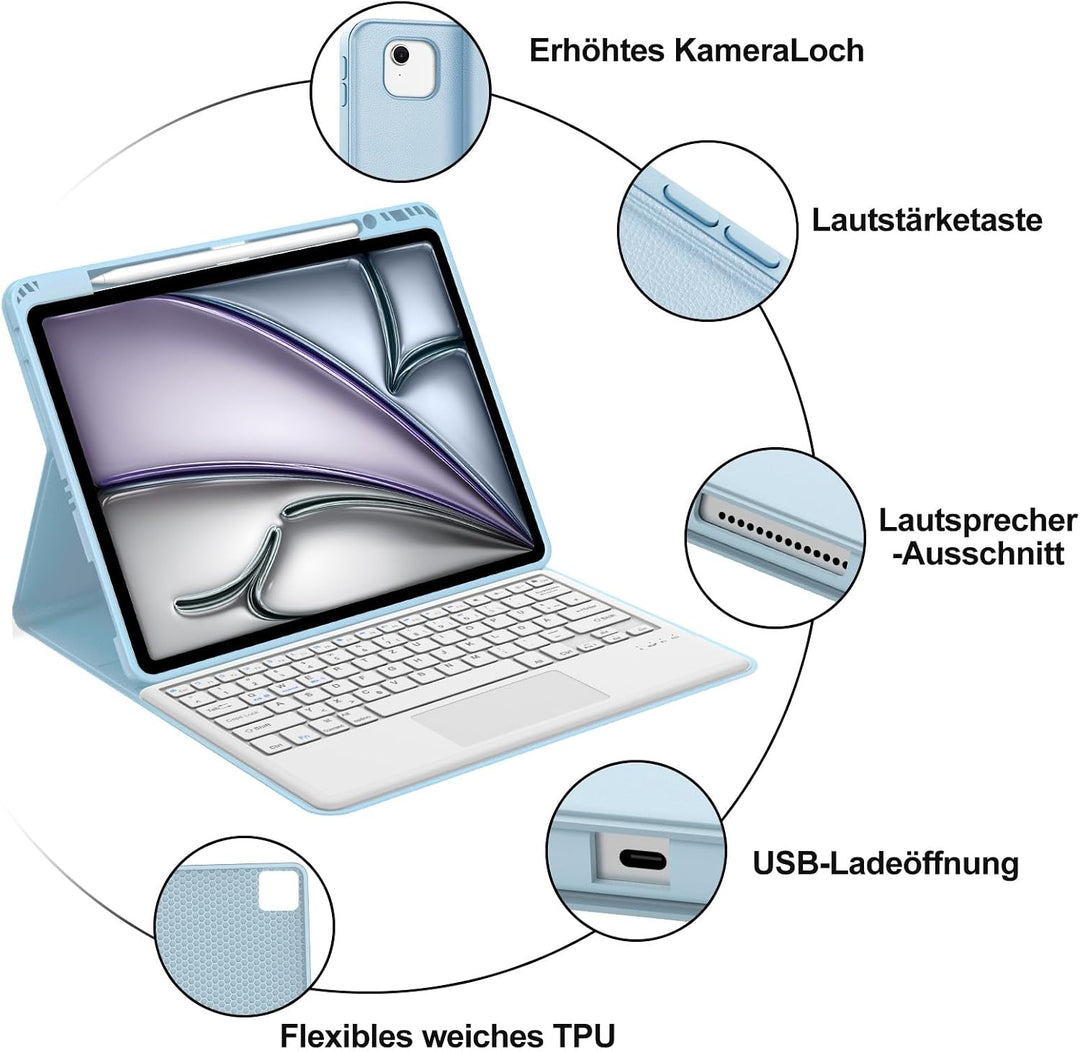 Tastatur für iPad Air 13 M4/M3/M2 (2026-2024) &amp; iPad 12.9 Touchpad, Blau | Hülle Tastatur für iPad A