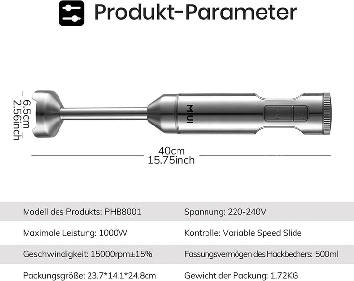 MIUI Stabmixer Edelstahl – Mixer für Küchenhandmixer-Set, 14-Gang-Edelstahlklinge und Körperhandstab