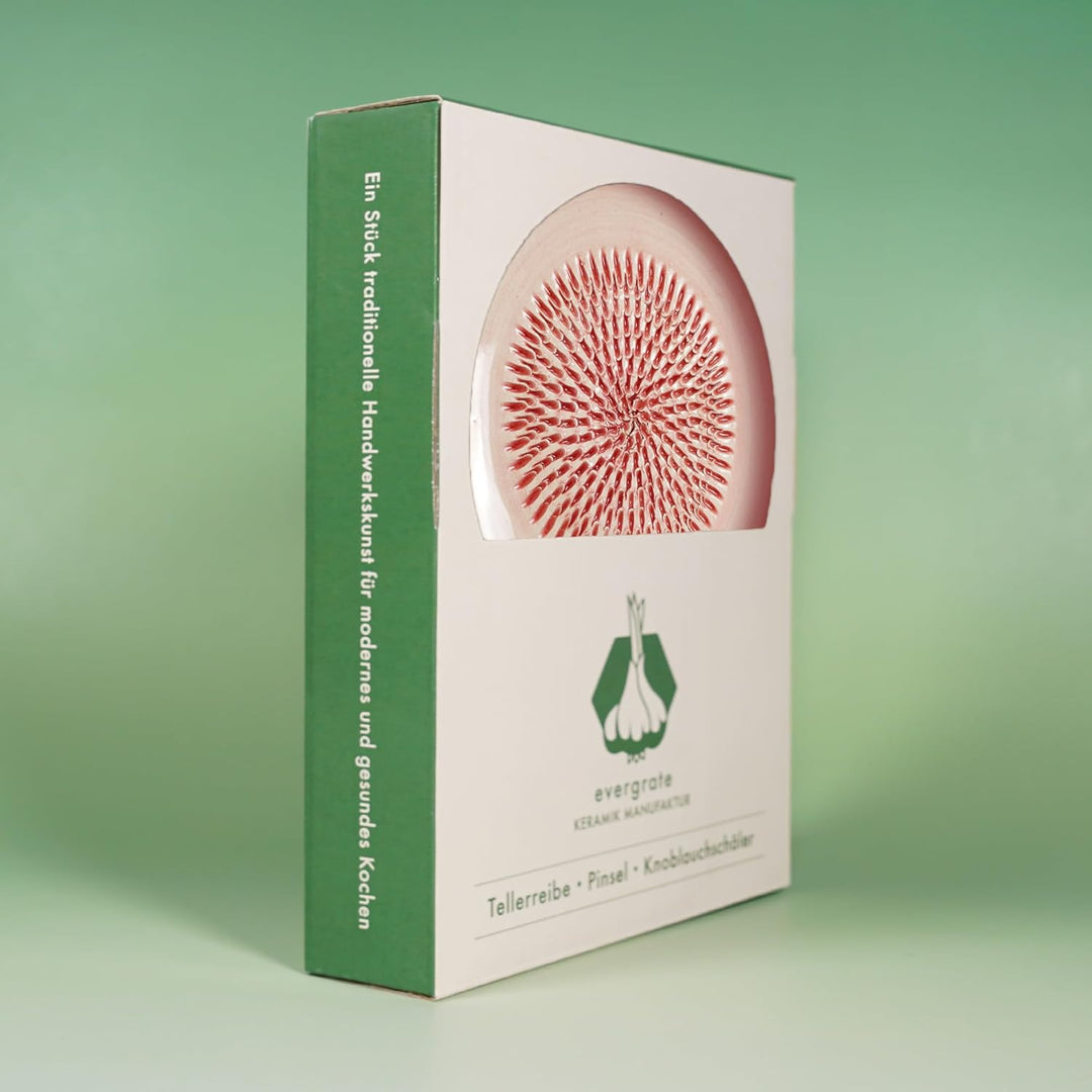Evergrate® Keramikreibe Rosé mit Geschenkbox – mit Reibe, Knoblauchschäler, Rezeptheft & Pinsel – Ha