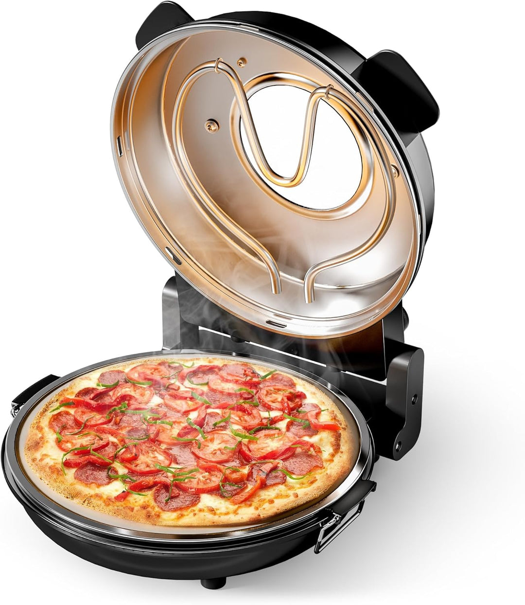 Wiltec Pizzamaker mit Keramiksteinplatte Ø32cm und Sichtfenster, Zwei Heizelemente max. 400°C, mit