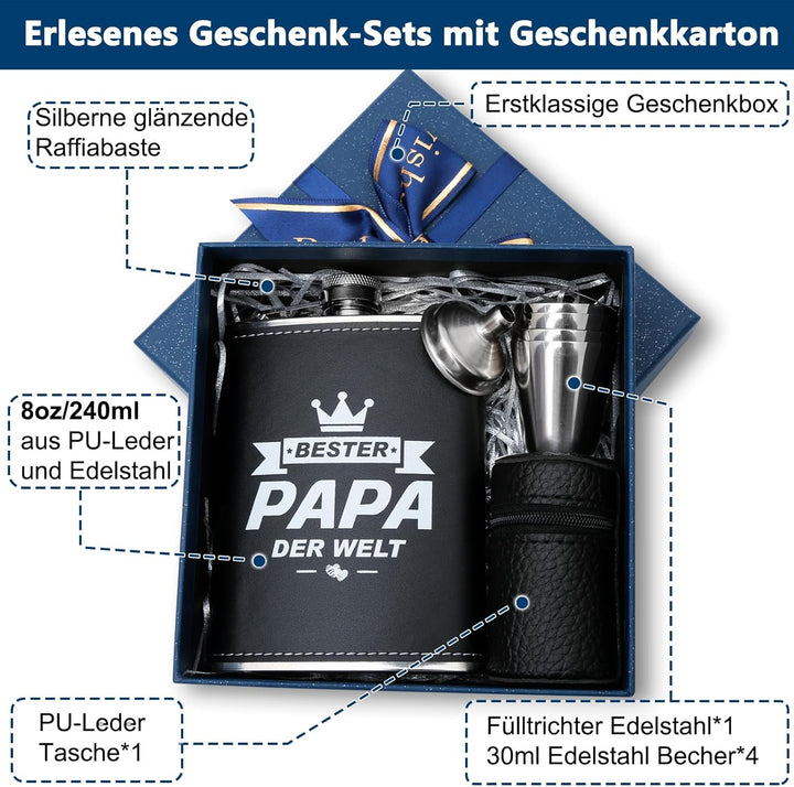LILABIENE Flachmann Papa Geschenkset mit Gravur Bester Papa der Welt mit Becher Edelstahl Leder Schw