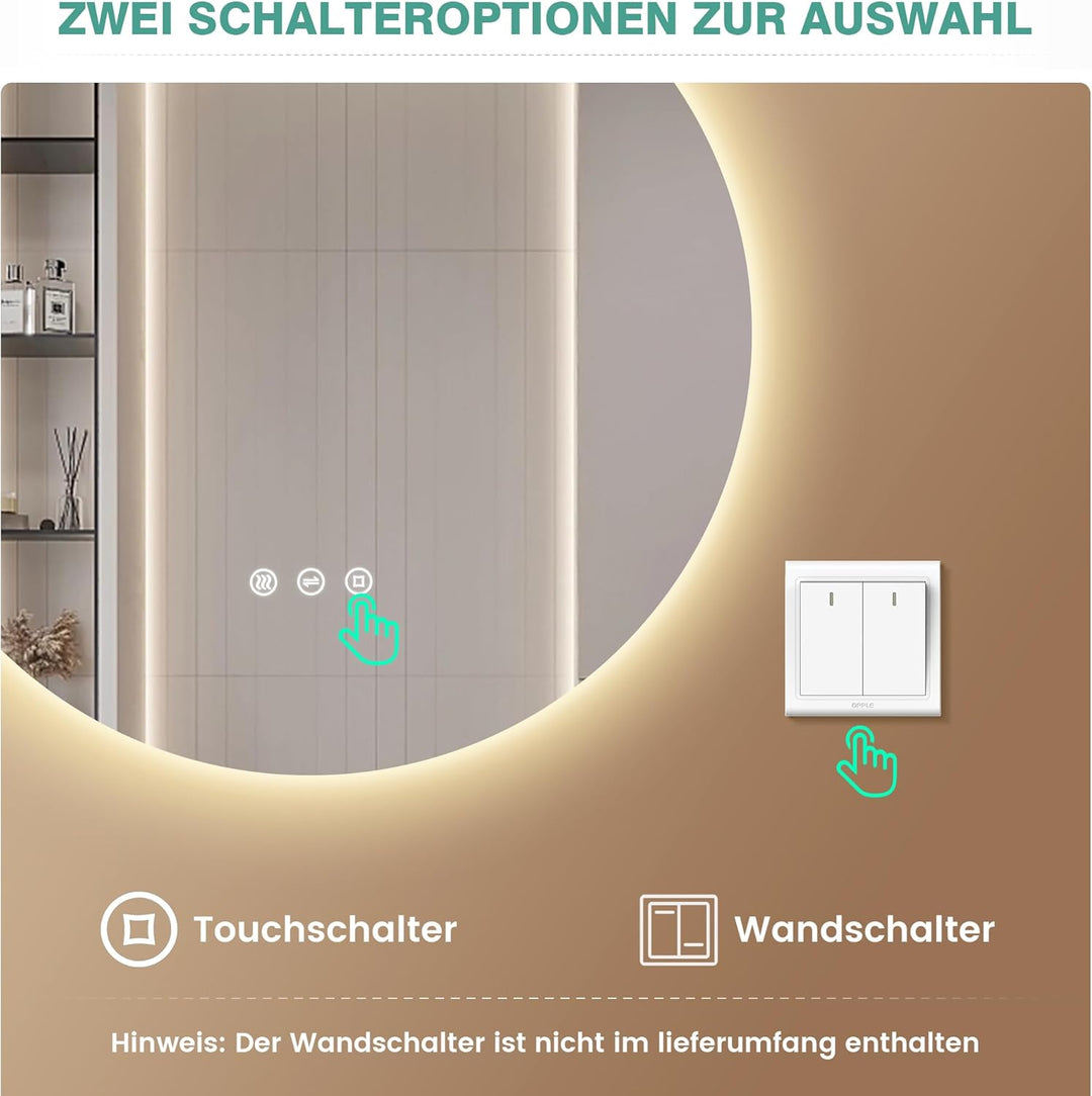 Runder Badspiegel mit Beleuchtung, 3 Lichtfarben, Dimmbar, Touch-Schalter, 70cm Badezimmer Spiegel m