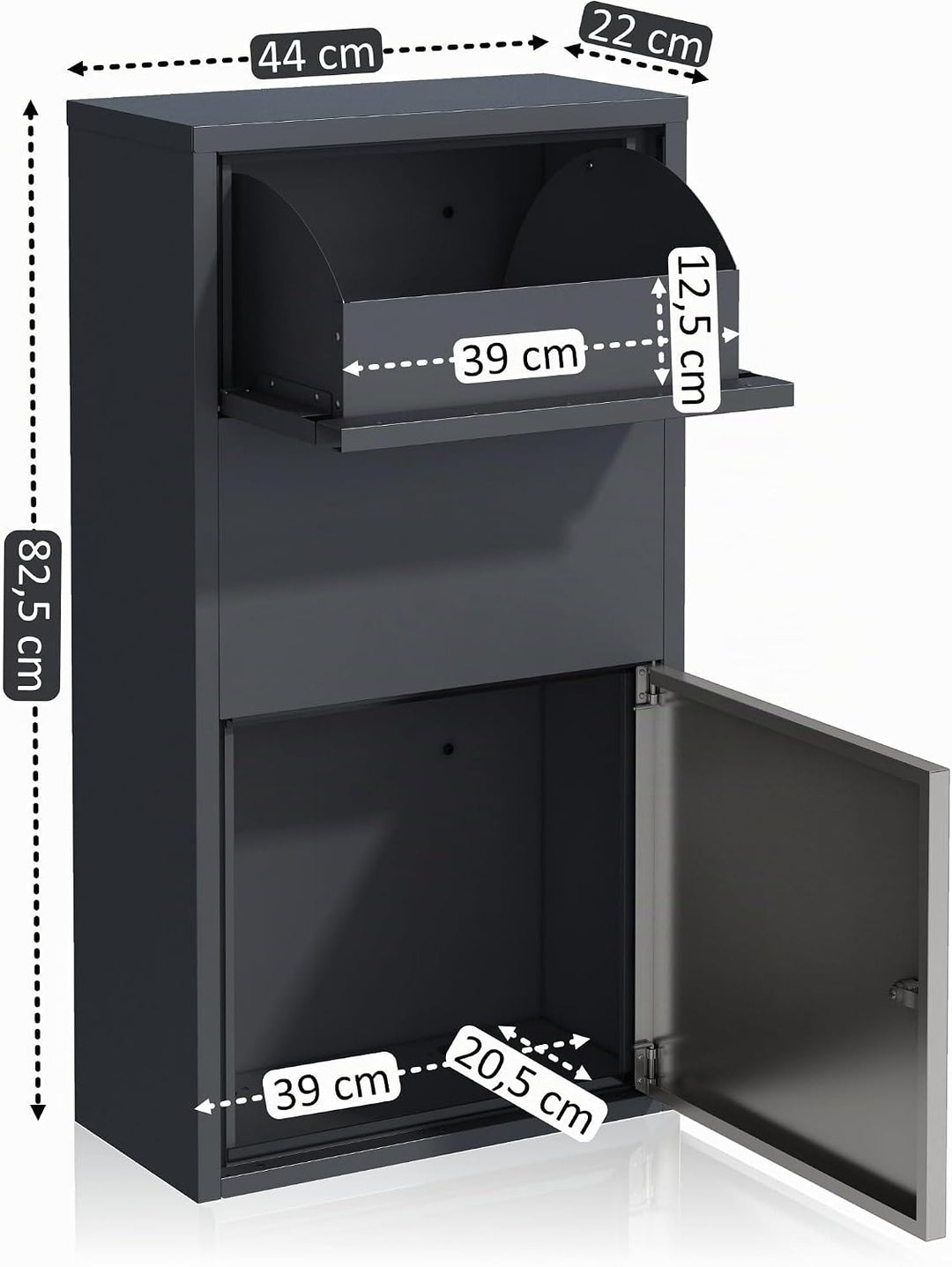 Zelsius Briefkasten mit Paketfach | Edelstahl, Anthrazit RAL 7016 | pulverbeschichteter Stahl | inte