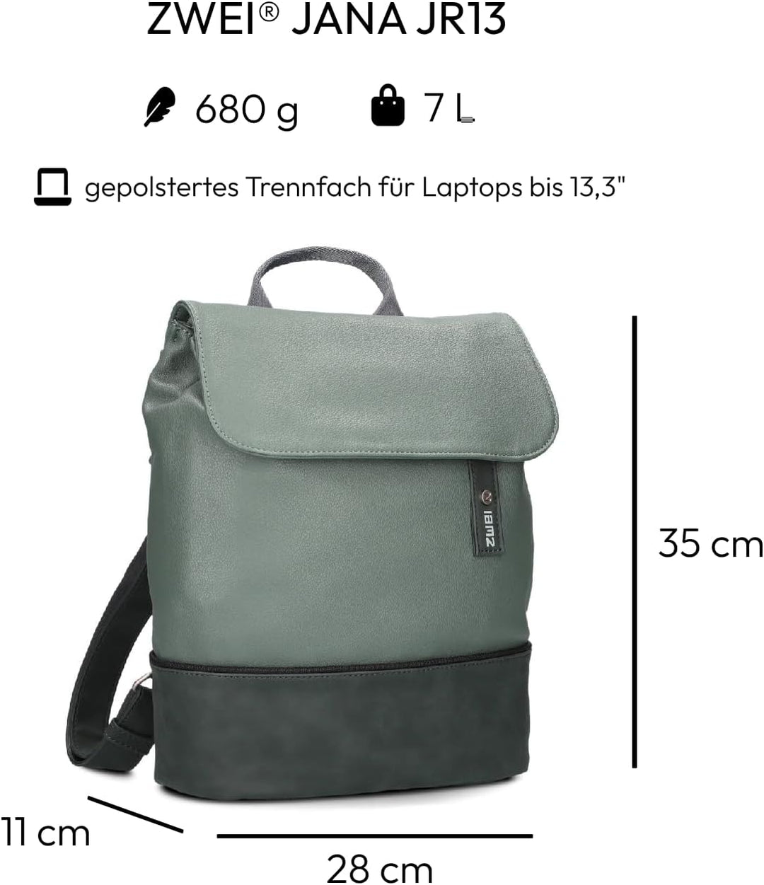 Zwei JANA Rucksack JR13 eucalyptus, Eucalyptus