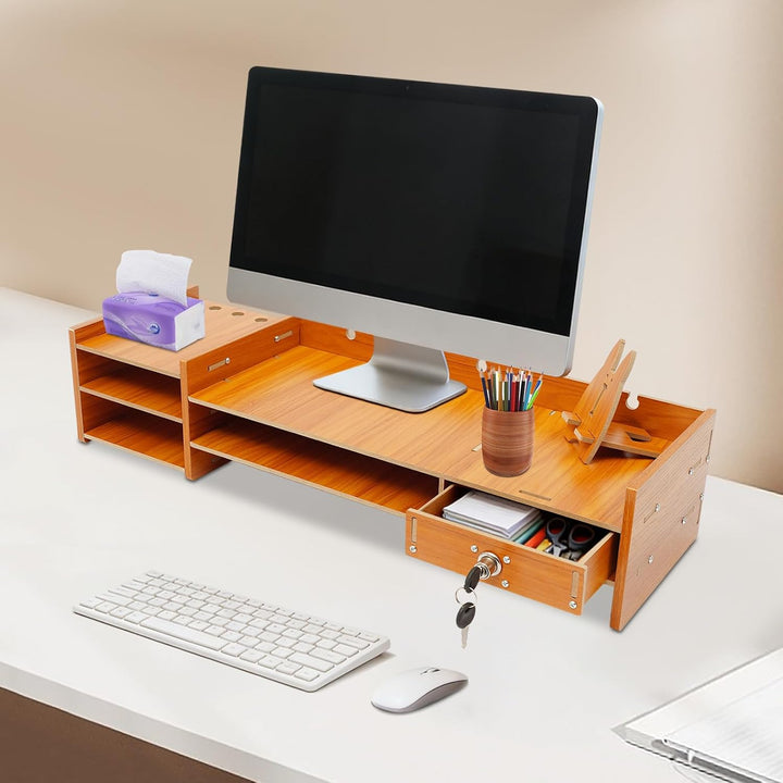 Monitorerhöhung mit Schublade | 5 Fächer | Computertisch Holzoptik