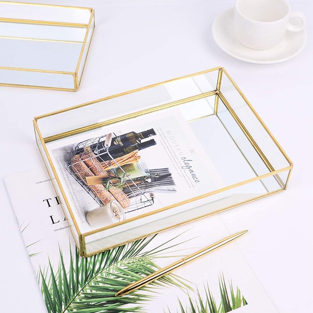 Retro Spiegeltablett, Dekotablett Gold Glastablett Tablett Vintage Metall Glas Aufbewahrungsbox Kosm